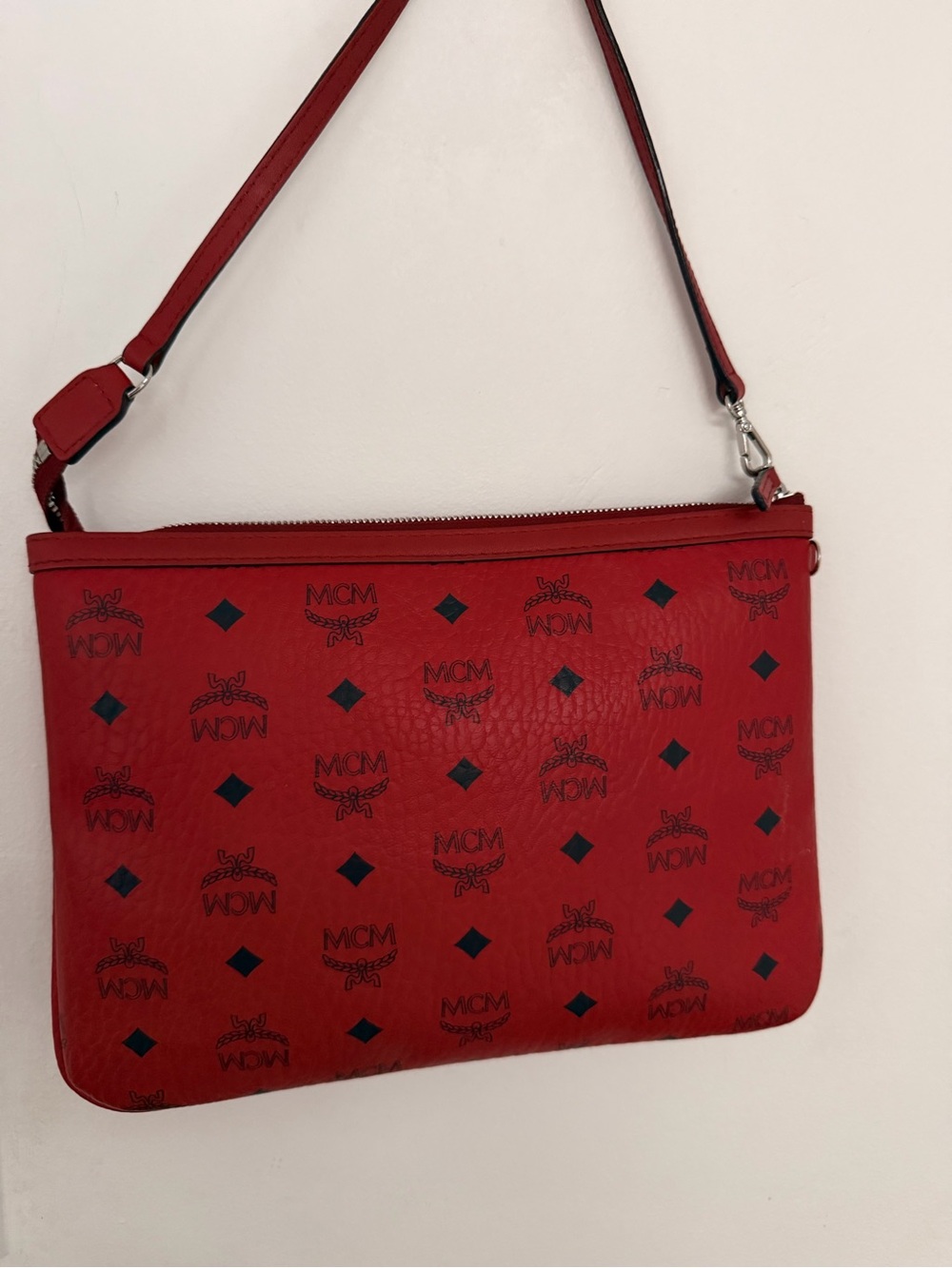 MCM Red Logo Leather Zip Crossbody Pouch